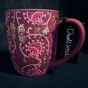 Dwell Studio Soft Touch Coffee Mug in rich pink floral design with gold accents